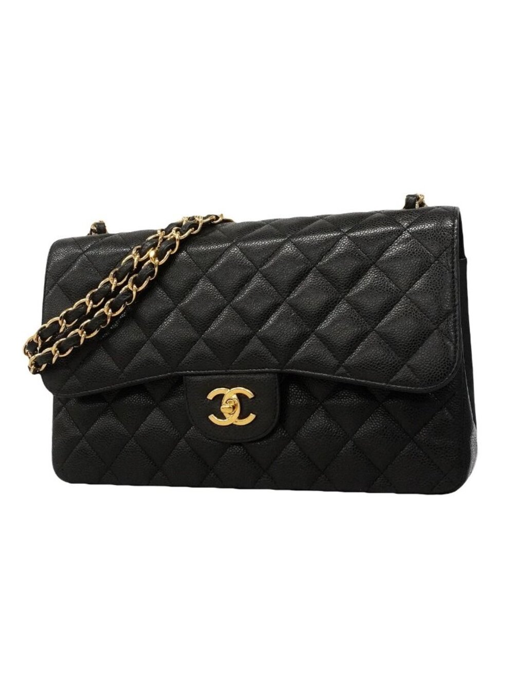 Chanel Shoulder Bag Maxi Quilted Caviar Leather Black Gold